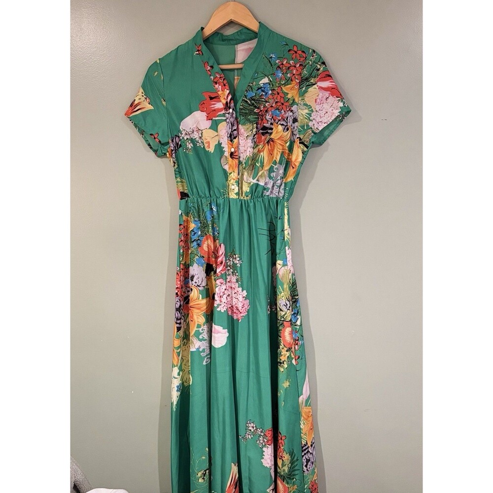 NEW Hawaiian Tropical Floral Maxi Dress Women XL Y2K Green Resort Holiday Vintag